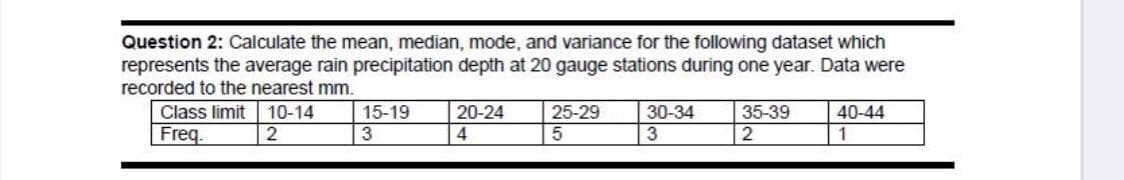 Question 2: Calculate the mean, median, mode, and variance for the following dataset which
represents the average rain precipitation depth at 20 gauge stations during one year. Data were
recorded to the nearest mm.
15-19
3
35-39
2
Class limit
10-14
20-24
25-29
30-34
40-44
Freq.
2
4
3
1
