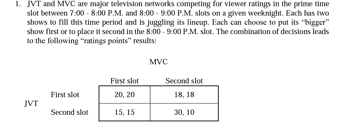 1. JVT and MVC are major television networks competing for viewer ratings in the prime time
slot between 7:00 - 8:00 P.M. and 8:00 - 9:00 P.M. slots on a given weeknight. Each has two
shows to fill this time period and is juggling its lineup. Each can choose to put its “bigger"
show first or to place it second in the 8:00 - 9:00 P.M. slot. The combination of decisions leads
to the following “ratings points" results:
MVC
First slot
Second slot
First slot
20, 20
18, 18
JVT
Second slot
15, 15
30, 10
