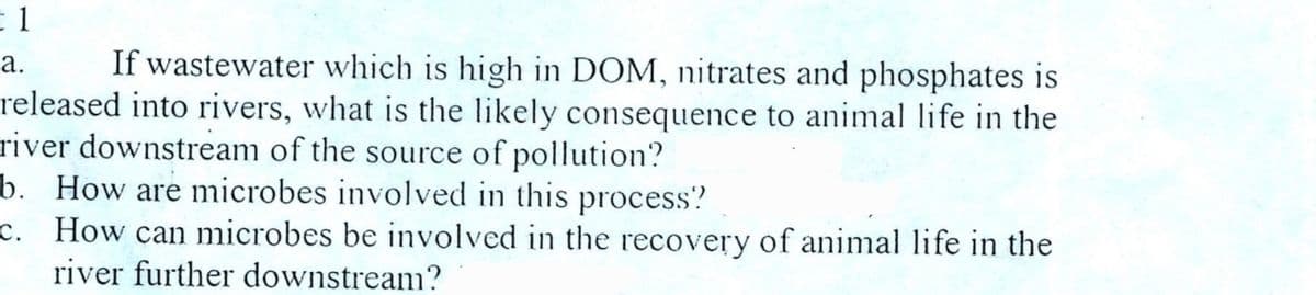 E 1
а.
If wastewater which is high in DOM, nitrates and phosphates is
released into rivers, what is the likely consequence to animal life in the
river downstream of the source of pollution?
b. How are microbes involved in this process?
c. How can microbes be involved in the recovery of animal life in the
river further downstream?
