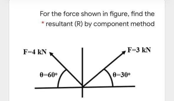 For the force shown in figure, find the
* resultant (R) by component method
F=4 kN
F=3 kN
0=60°
0=30°
