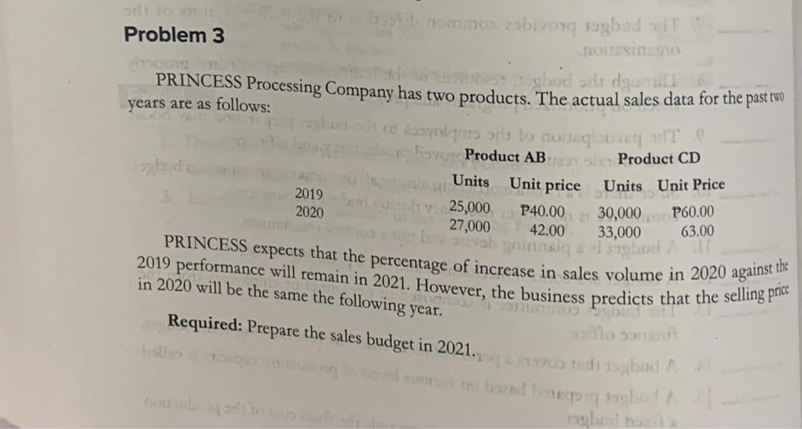 Problem 3
bod di due ull
PRINCESS Processing Company has two products. The actual sales data for the past two
years are as follows:
oghud
nommon zabivorq sogbed T
nomexingmo
2019
2020
1
25,000 P40.00
27,000
42.00
2130,000
33,000
singhaud A
bew serval pinnal
PRINCESS expects that the percentage of increase in sales volume in 2020 against the
2019 performance will remain in 2021. However, the business predicts that the selling price
in 2020 will be the same the following year.
und si
sillo soment
o svolge ar to noraqiteq adTe
here haver Product ABasis Product CD
Units Unit price
Units Unit Price
nosoboqarltose cortad
Required: Prepare the sales budget in 2021.
115
no P60.00
63.00
1990 tdi 15ybod A
luore no bound bound
Joghud bola