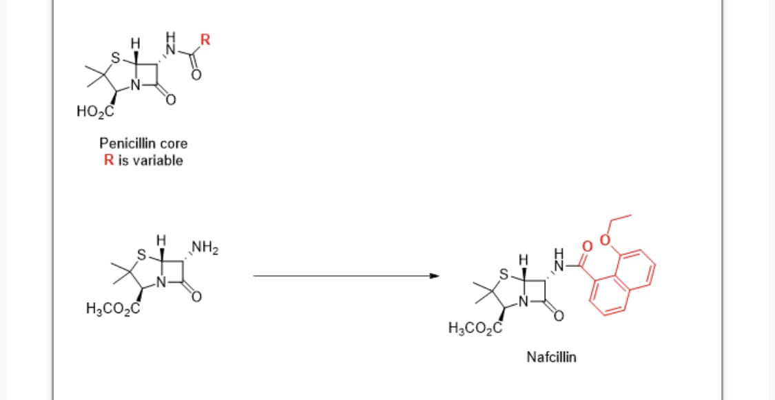 R
N-
HO2C
Penicillin core
R is variable
H
NH2
H3CO2Č
H3CO2C
Nafcillin
