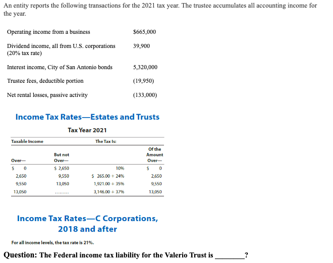 An entity reports the following transactions for the 2021 tax year. The trustee accumulates all accounting income for
the
year.
Operating income from a business
$665,000
39,900
Dividend income, all from U.S. corporations
(20% tax rate)
Interest income, City of San Antonio bonds
5,320,000
Trustee fees, deductible portion
(19,950)
Net rental losses, passive activity
(133,000)
Income Tax Rates-Estates and Trusts
Tax Year 2021
Taxable Income
The Tax Is:
Of the
But not
Amount
Over-
Over-
Over-
$
0
$ 2,650
10%
$
0
2,650
9,550
$ 265.00 +24%
2,650
9,550
13,050
1,921.00 + 35%
9,550
13,050
3,146.00 + 37%
13,050
Income Tax Rates-C Corporations,
2018 and after
For all income levels, the tax rate is 21%.
Question: The Federal income tax liability for the Valerio Trust is