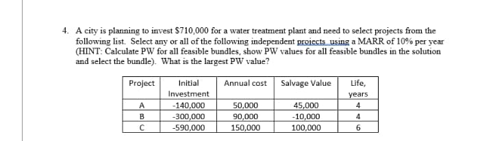 4. A city is planning to invest $710,000 for a water treatment plant and need to select projects from the
following list. Select any or all of the following independent projects using a MARR of 10% per year
(HINT: Calculate PW for all feasible bundles, show PW values for all feasible bundles in the solution
and select the bundle). What is the largest PW value?
Project
Initial
Annual cost
Salvage Value
Life,
Investment
years
4
A
-140,000
-300,000
50,000
45,000
В
90,000
150,000
-10,000
4
-590,000
100,000

