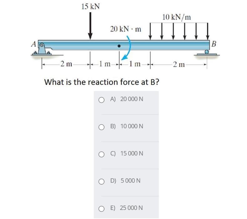15 kN
10 kN/m
20 kN · m
A
В
2 m
1m
1m
2 m
What is the reaction force at B?
O A) 20 000 N
O B) 10 000 N
C) 15 000 N
O D) 5000 N
O E) 25 000 N
