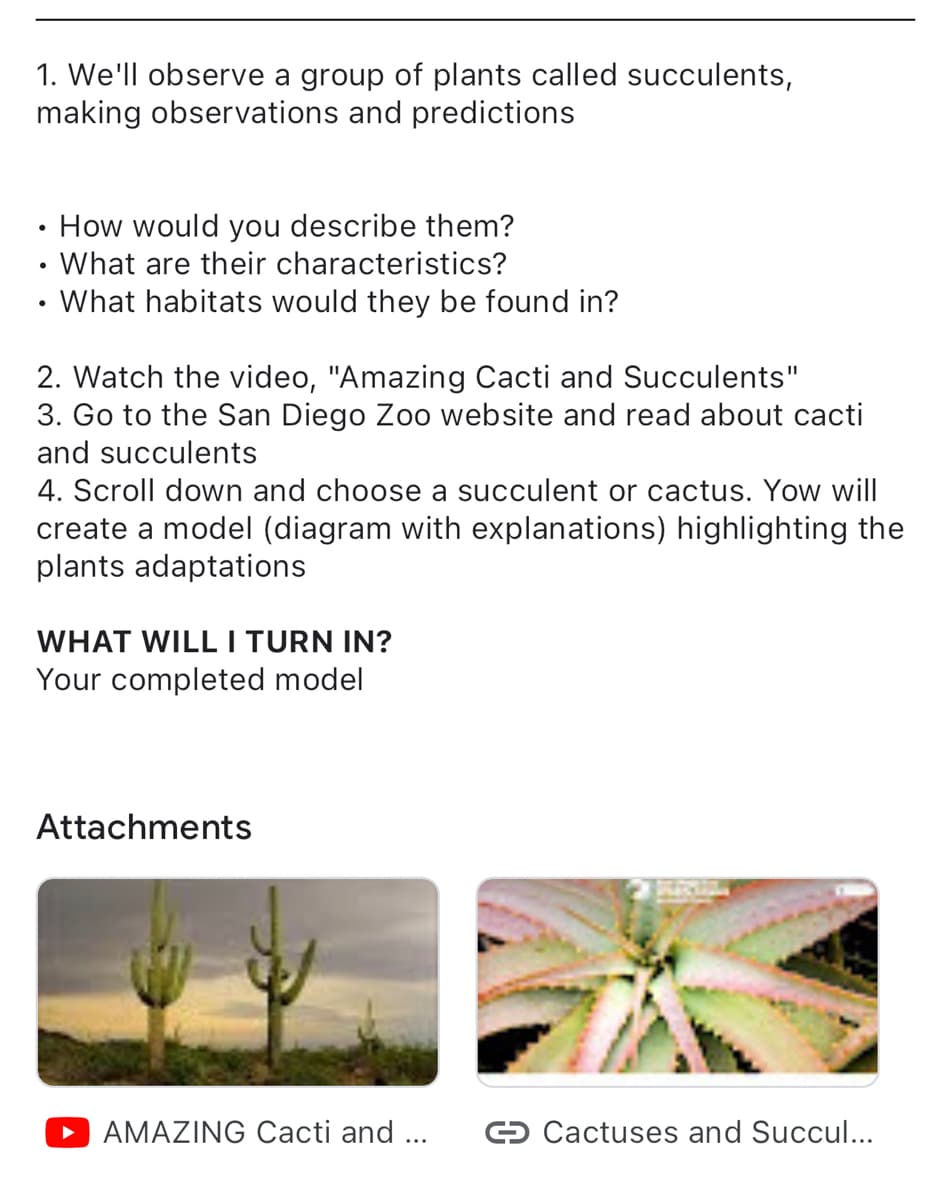 1. We'll observe a group of plants called succulents,
making observations and predictions
●
How would you describe them?
What are their characteristics?
What habitats would they be found in?
2. Watch the video, "Amazing Cacti and Succulents"
3. Go to the San Diego Zoo website and read about cacti
and succulents
4. Scroll down and choose a succulent or cactus. Yow will
create a model (diagram with explanations) highlighting the
plants adaptations
WHAT WILL I TURN IN?
Your completed model
Attachments
► AMAZING Cacti and ...
Cactuses and Succul...