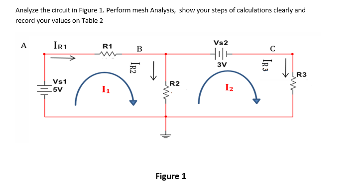 Analyze the circuit in Figure 1. Perform mesh Analysis, show your steps of calculations clearly and
record your values on Table 2
IR1
Vs2
A
R1
B
3V
R3
Vs1
5V
R2
I1
I2
Figure 1
IR3
