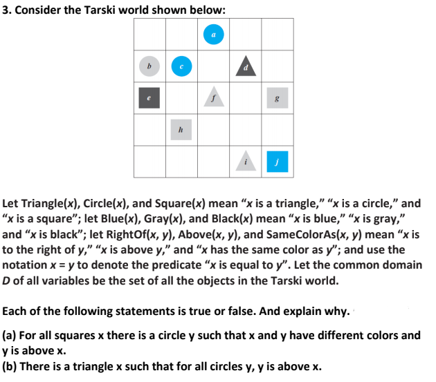 3. Consider the Tarski world shown below:
d
Let Triangle(x), Circle(x), and Square(x) mean “x is a triangle," "x is a circle," and
"x is a square"; let Blue(x), Gray(x), and Black(x) mean “x is blue," “x is gray,"
and "x is black"; let RightOf(x, y), Above(x, y), and SameColorAs(x, y) mean “x is
to the right of y," “x is above y," and "x has the same color as y"; and use the
notation x = y to denote the predicate “x is equal to y". Let the common domain
D of all variables be the set of all the objects in the Tarski world.
Each of the following statements is true or false. And explain why.
(a) For all squares x there is a circle y such that x and y have different colors and
y is above x.
(b) There is a triangle x such that for all circles y, y is above x.
