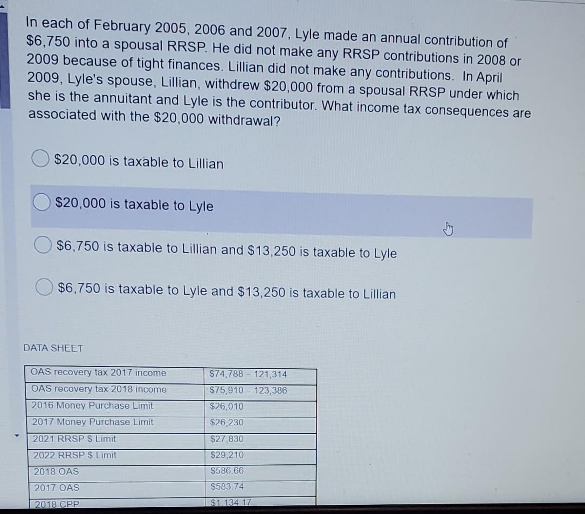 In each of February 2005, 2006 and 2007, Lyle made an annual contribution of
$6,750 into a spousal RRSP. He did not make any RRSP contributions in 2008 or
2009 because of tight finances. Lillian did not make any contributions. In April
2009, Lyle's spouse, Lillian, withdrew $20,000 from a spousal RRSP under which
she is the annuitant and Lyle is the contributor. What income tax consequences are
associated with the $20,000 withdrawal?
$20,000 is taxable to Lillian
$20,000 is taxable to Lyle
$6,750 is taxable to Lillian and $13,250 is taxable to Lyle
$6,750 is taxable to Lyle and $13,250 is taxable to Lillian
DATA SHEET
OAS recovery tax 2017 income
$74,788 - 121,314
OAS recovery tax 2018 income
$75,910 123,386
2016 Money Purchase Limit
$26,010
2017 Money Purchase Limit
S26,230
2021 RRSP$ Limit
$27,830
2022 RRSP S Limit
$29,210
2018 OAS
$586.66
2017 OAS
$583.74
2018 CPP
$1.134 17
