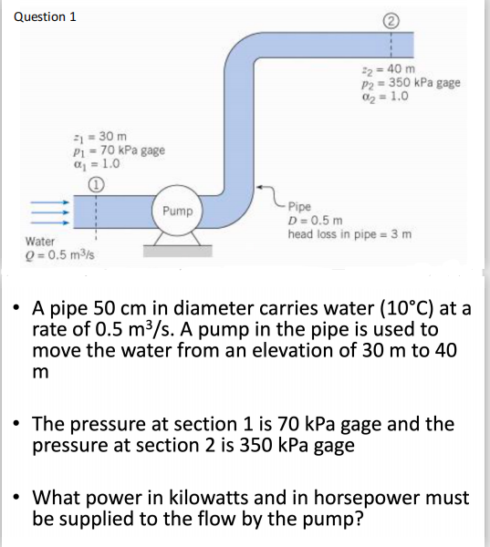 Question 1
2 = 40 m
P2 = 350 kPa gage
a2 = 1.0
1= 30 m
P1 = 70 kPa gage
a = 1.0
- Pipe
D= 0.5 m
head loss in pipe = 3 m
Pump
Water
Q = 0.5 m3/s
• A pipe 50 cm in diameter carries water (10°C) at a
rate of 0.5 m3/s. A pump in the pipe is used to
move the water from an elevation of 30 m to 40
The pressure at section 1 is 70 kPa gage and the
pressure at section 2 is 350 kPa gage
• What power in kilowatts and in horsepower must
be supplied to the flow by the pump?
