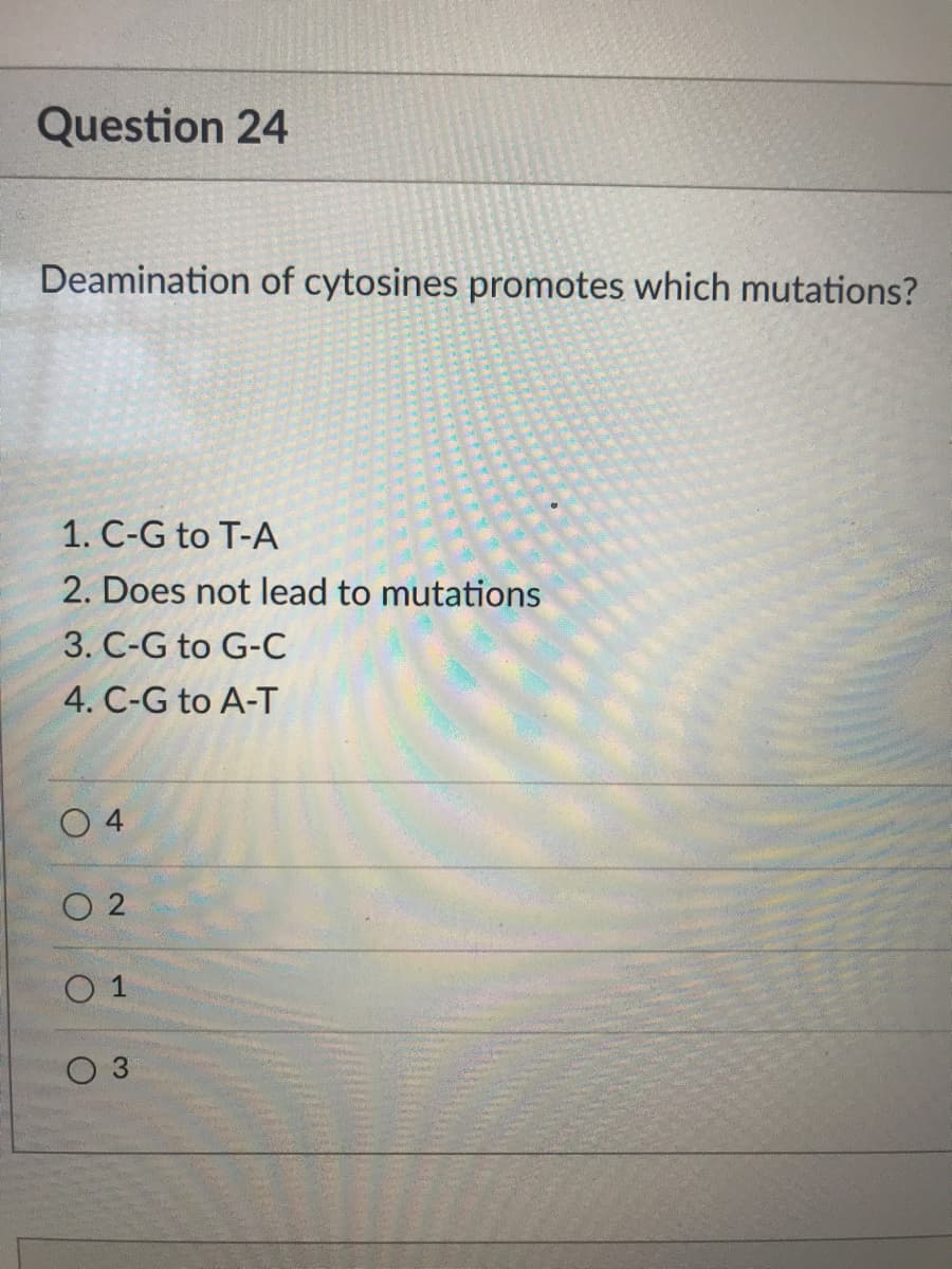 Question 24
Deamination of cytosines promotes which mutations?
1. C-G to T-A
2. Does not lead to mutations
3. C-G to G-C
4. C-G to A-T
O 4
O 2
O 1
O 3
