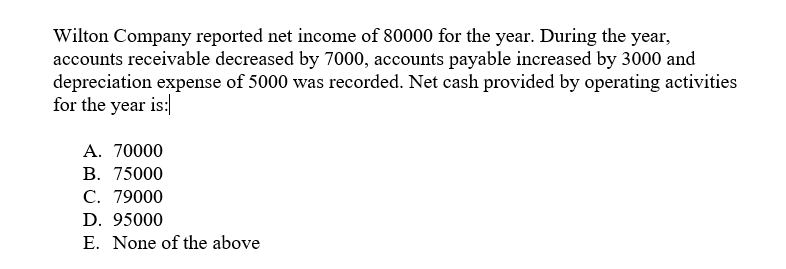 Wilton Company reported net income of 80000 for the year. During the year,
accounts receivable decreased by 7000, accounts payable increased by 3000 and
depreciation expense of 5000 was recorded. Net cash provided by operating activities
for the year is:
A. 70000
B. 75000
C. 79000
D. 95000
E. None of the above