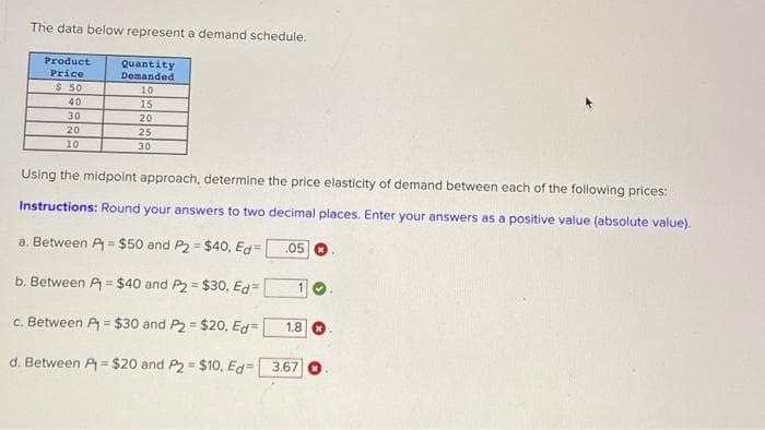 The data below represent a demand schedule.
Product
Price
Quantity
Demanded.
$50
10
40
30
20
10
15
20
25
30
Using the midpoint approach, determine the price elasticity of demand between each of the following prices:
Instructions: Round your answers to two decimal places. Enter your answers as a positive value (absolute value).
a. Between P = $50 and P2 = $40, Ed= .05
b. Between P = $40 and P2 = $30, Ed=
c. Between P = $30 and P2 = $20, Ed=
d. Between P = $20 and P2 = $10, Ed= 3.67 0.
1
1.8