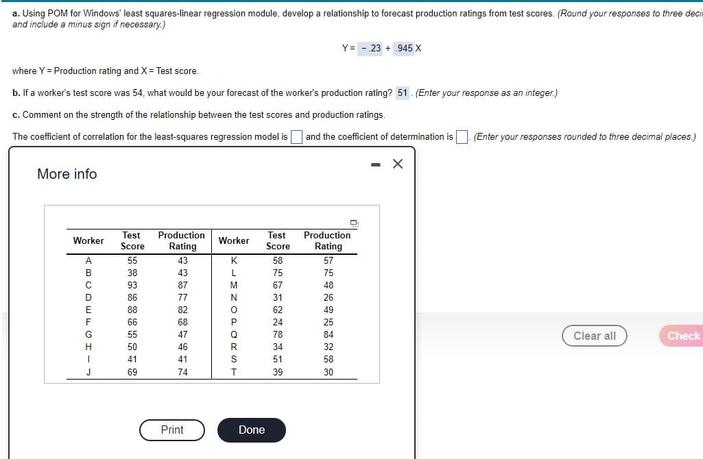 a. Using POM for Windows' least squares-linear regression module, develop a relationship to forecast production ratings from test scores. (Round your responses to three decis
and include a minus sign if necessary.)
Y= - 23 + .945 x
where Y = Production rating and X = Test score.
b. If a worker's test score was 54, what would be your forecast of the worker's production rating? 51. (Enter your response as an integer.)
c. Comment on the strength of the relationship between the test scores and production ratings.
The coefficient of correlation for the least-squares regression model is
and the coefficient of determination is
(Enter your responses rounded to three decimal places.)
More info
Test
Score
Production
Rating
Production
Test
Worker
Worker
Rating
Score
A
55
43
K
58
57
B
38
43
75
75
93
87
67
48
D
86
77
31
26
E
88
82
62
49
F
66
68
24
25
G
55
47
Q
78
84
Clear all
Check
50
46
34
32
41
41
51
58
J
69
74
T
39
30
Print
Done
LLMN OPoRS
