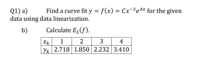 Find a curve fit y = f(x) = Cx-²eA* for the given
Q1) a)
data using data linearization.
%3D
%3D
b)
Calculate E2 (f).
2
3
4
Yk 2.718| 1.850 | 2.232 | 3.410
