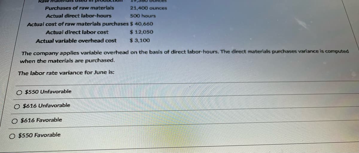 Purchases of raw materials
Actual direct labor-hours
Actual cost of raw materials purchases
Actual direct labor cost
Actual variable overhead cost
The company applies variable overhead on the basis of direct labor-hours. The direct materials purchases variance is computed
when the materials are purchased.
The labor rate variance for June is:
O $550 Unfavorable
$616 Unfavorable
21,400 ounces
500 hours
$ 40,660
$ 12,050
$ 3,100
O $616 Favorable
O $550 Favorable
4