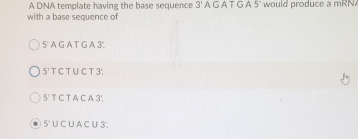 A DNA template having the base sequence 3' AGATGA5' would produce a mRNA
with a base sequence of
O 5'AGATGA 3.
OS'TCTUCT3:
O5'TCTACA 3'.
5' UCUACU 3'.
