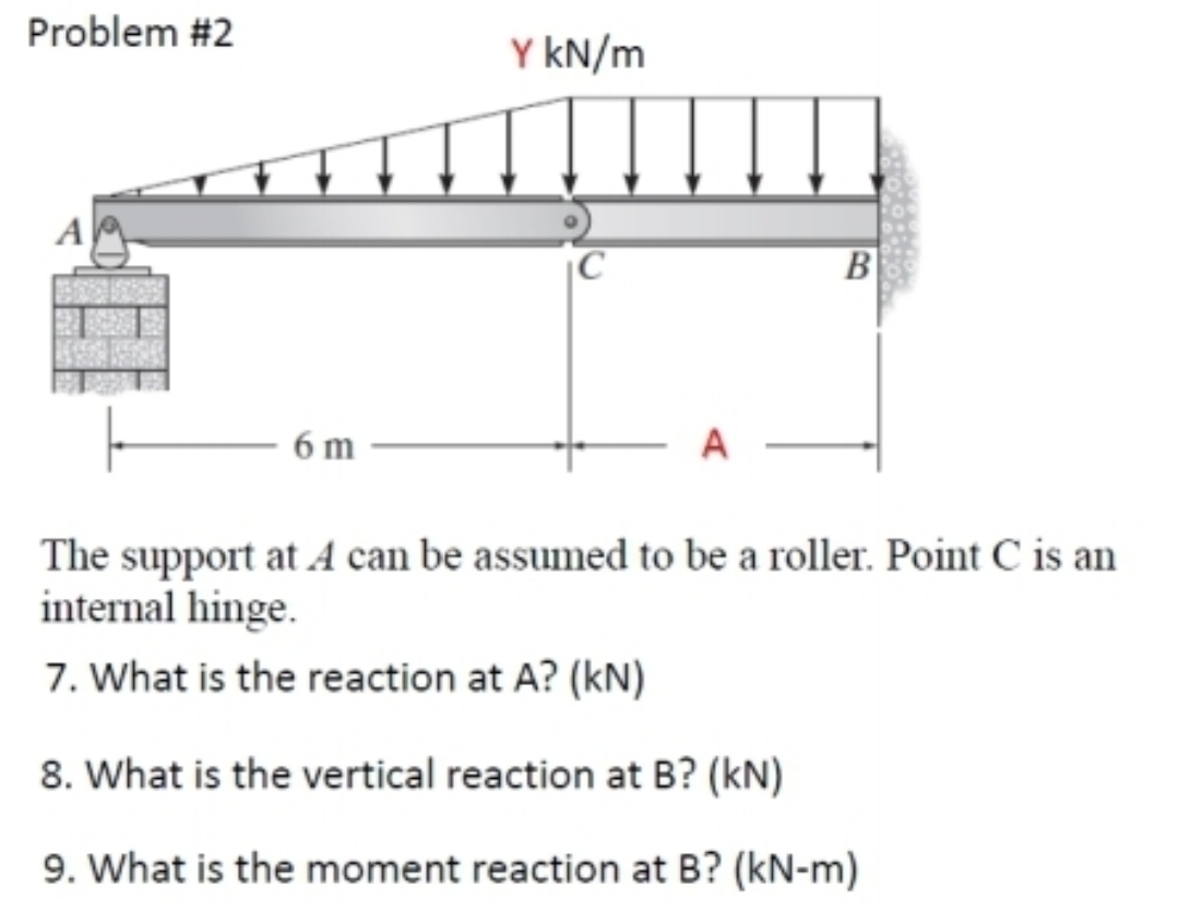 Problem #2
A
6 m
Y kN/m
IC
A
B
The support at A can be assumed to be a roller. Point C is an
internal hinge.
7. What is the reaction at A? (kN)
8. What is the vertical reaction at B? (kN)
9. What is the moment reaction at B? (kN-m)