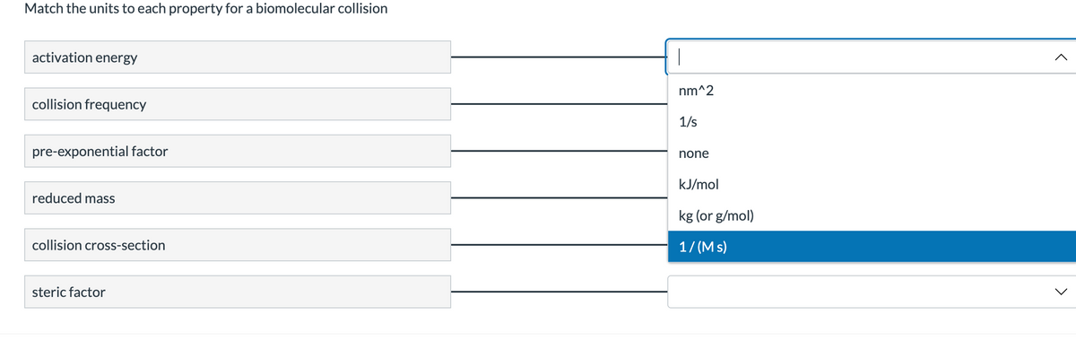 Match the units to each property for a biomolecular collision
activation energy
nm^2
collision frequency
1/s
pre-exponential factor
none
kJ/mol
reduced mass
kg (or g/mol)
collision cross-section
1/ (M s)
steric factor
>
