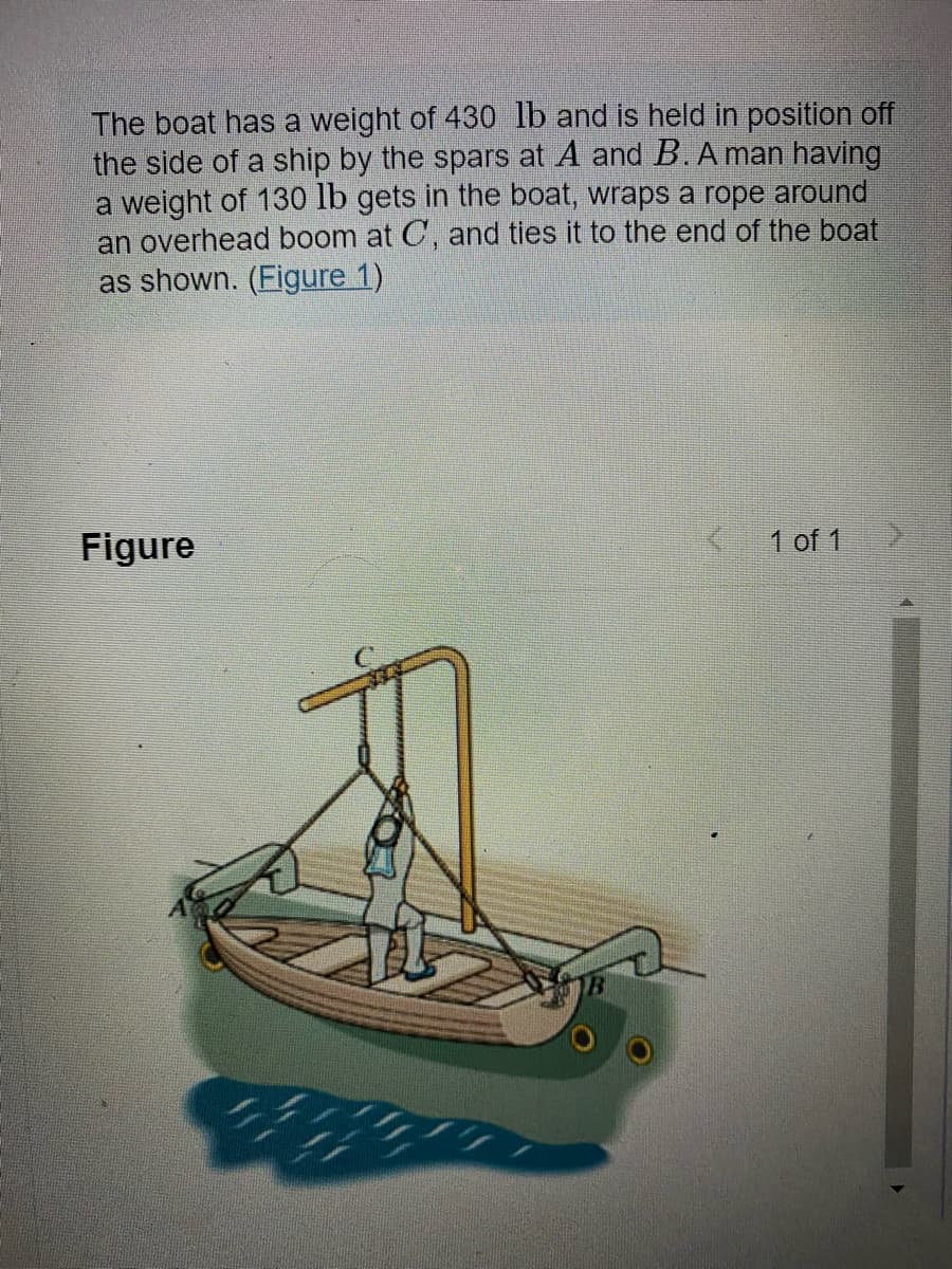 The boat has a weight of 430 lb and is held in position off
the side of a ship by the spars at A and B. A man having
a weight of 130 lb gets in the boat, wraps a rope around
an overhead boom at C, and ties it to the end of the boat
as shown. (Figure 1)
Figure
1 of 1