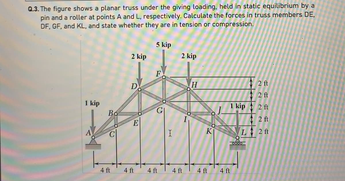 Q.3. The figure shows a planar truss under the giving loading, held in static equilibrium by a
pin and a roller at points A and L, respectively. Calculate the forces in truss members DE,
DF, GF, and KL, and state whether they are in tension or compression.
1 kip
A
Во
4 ft
2 kip
D
E
4 ft
5 kip
F
C
4 ft
I
2 kip
4 ft
H
4 ft
M
2 ft
2 ft
1 kip 2 ft
12 ft
2 ft
4 ft
L