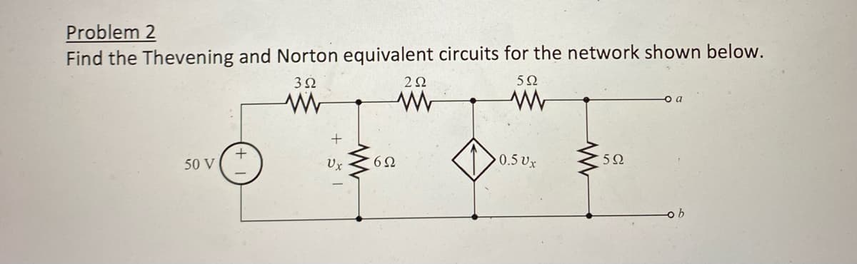 Problem 2
Find the Thevening and Norton equivalent circuits for the network shown below.
3Ω
www
50 V
+
Ux
www
6Ω
292
ww
592
www
0.5 Ux
www
592
a
ob