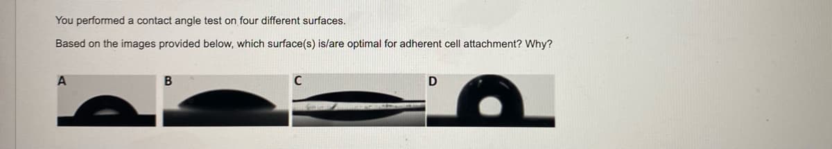 You performed a contact angle test on four different surfaces.
Based on the images provided below, which surface(s) is/are optimal for adherent cell attachment? Why?
A
B
D
