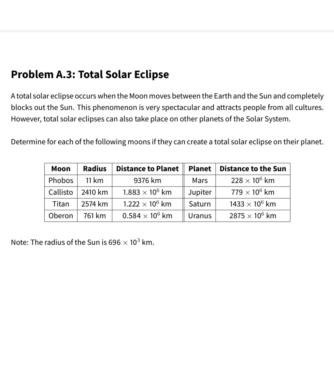 Problem A.3: Total Solar Eclipse
A total solar eclipse occurs when the Moon moves between the Earth and the Sun and completely
blocks out the Sun. This phenomenon is very spectacular and attracts people from all cultures.
However, total solar eclipses can also take place on other planets of the Solar System.
Determine for each of the following moons if they can create a total solar eclipse on their planet.
Мoon
Radius
Distance to Planet
Planet
Distance to the Sun
Phobos
11 km
9376 km
Mars
228 x 106 km
Callisto
2410 km
1.883 x 106 km
Jupiter
779 x 106 km
Titan
2574 km
1.222 x 106 km
Saturn
1433 x 106 km
Oberon
761 km
0.584 x 106 km
Uranus
2875 x 106 km
Note: The radius of the Sun is 696 × 10³ km.
