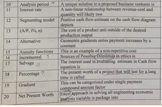 A unique solution to a proposed business ventures is
A non-linear relationship between revenue-cost and
quantity will likely two
Positive cash flow estimate on the cash flow diagram
depicts
The cost of a product unit outside of the desired
production output
Geometric gradicents series payment increases by a
10
Analysis period ?
11
Interest rate
12
Segmenting model
13
(A/P, i%, n)
14
Alternative
constant
This is an example of a non-repetitive cost
Sources of Possible Dilemmas in ethics is
The interest used in evatuating estimate in Cash flow
equation is
The present worth of a project that will last for a long
time is called
This can be categorized under single payment
compound amount factor
(Excel approach in solving all engincering economic
anatysis variable is package into
15
Annuity functions
16
Incremental 2
17
Salvage
18
Percentage ?
19
Gradient
Net Present Worth
20
