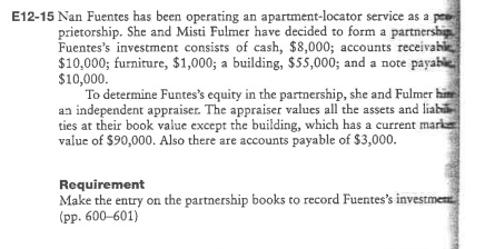 E12-15 Nan Fuentes has been operating an apartment-locator service as a
prietorship. She and Misti Fulmer have decided to form a partnershi
Fuentes's investment consists of cash, $8,000; accounts receivabie
$10,000; furniture, $1,000; a building, $55,000; and a note payable.
$10,000.
To determine Funtes's equity in the partnership, she and Fulmer hime
an independent appraiser. The appraiser values all the assets and liabi
ties at their book value except the building, which has a current marka
value of $90,000. Also there are accounts payable of $3,000.
Requirement
Make the entry on the partnership books to record Fuentes's investment
(pр. 600-601)

