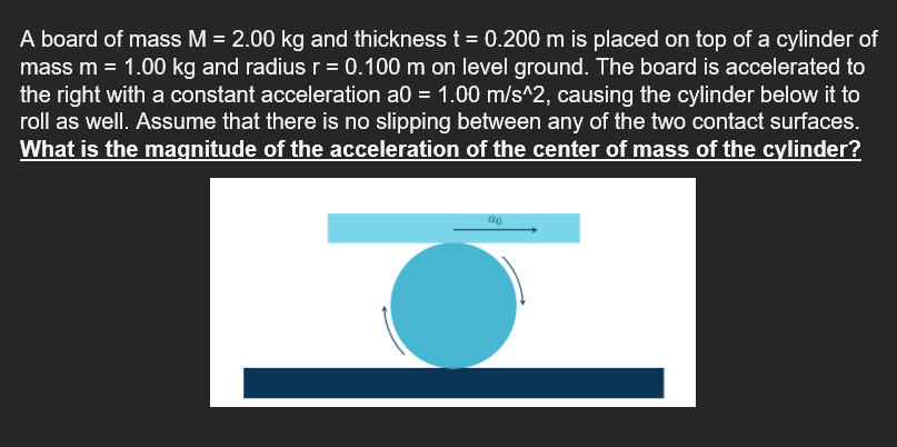 A board of mass M = 2.00 kg and thickness t = 0.200 m is placed on top of a cylinder of
mass m = 1.00 kg and radius r = 0.100 m on level ground. The board is accelerated to
the right with a constant acceleration a0 = 1.00 m/s^2, causing the cylinder below it to
roll as well. Assume that there is no slipping between any of the two contact surfaces.
What is the magnitude of the acceleration of the center of mass of the cylinder?
