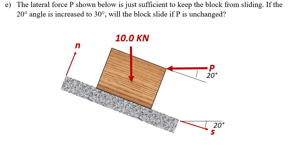 e) The lateral force P shown below is just sufficient to keep the block from sliding. If the
20° angle is increased to 30°, will the block slide if P is unchanged?
10.0 KN
20°
20°
