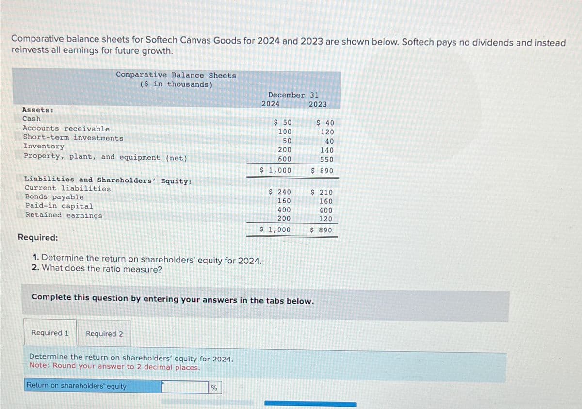 Comparative balance sheets for Softech Canvas Goods for 2024 and 2023 are shown below. Softech pays no dividends and instead
reinvests all earnings for future growth.
Assets:
Cash
Comparative Balance Sheets
($ in thousands)
Accounts receivable
Short-term investments
Inventory
Property, plant, and equipment (net)
Liabilities and Shareholders' Equity:
Current liabilities
Bonds payable
Paid-in capital
Retained earnings
December 31
2024
2023
$ 50
$ 40
100
120
50
40
200
140
600
550
$ 1,000
$ 890
$ 240
$ 210
160
160
400
400
200
120
$ 1,000
$ 890
Required:
1. Determine the return on shareholders' equity for 2024.
2. What does the ratio measure?
Complete this question by entering your answers in the tabs below.
Required 1 Required 2
Determine the return on shareholders' equity for 2024.
Note: Round your answer to 2 decimal places.
Return on shareholders' equity
%