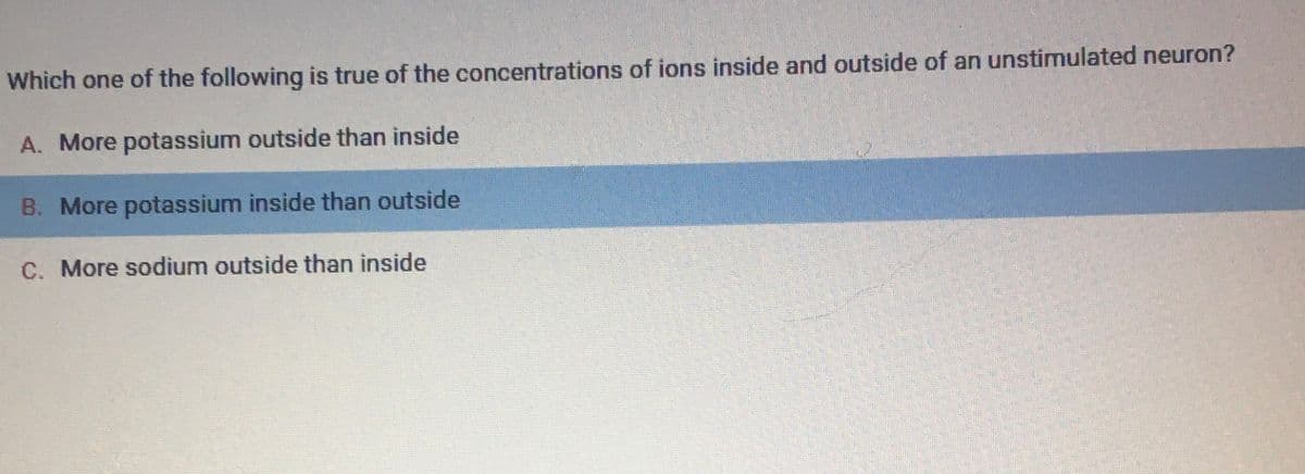 Which one of the following is true of the concentrations of ions inside and outside of an unstimulated neuron?
A. More potassium outside than inside
B. More potassium inside than outside
C. More sodium outside than inside