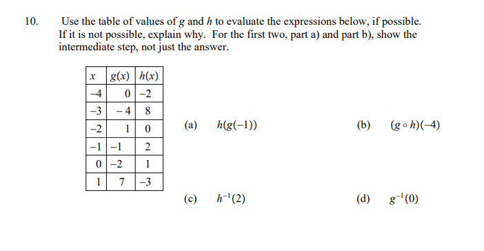 Use the table of values of g and h to evaluate the expressions below, if possible.
If it is not possible, explain why. For the first two, part a) and part b), show the
intermediate step, not just the answer.
10.
x g(x) | h(x)
0 -2
-4
-3
- 4
8
-2
1
(a)
h(g(-1))
(b)
(g o h)(-4)
-1|-1
0-2
2
1
7
-3
(c)
h-'(2)
(d)
g(0)
1.
