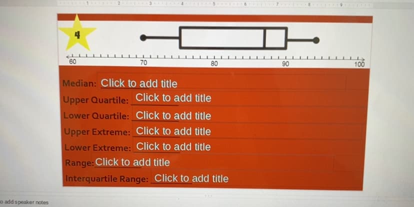 4
60
70
80
100
90
Median: Click to add title
Upper Quartile: Click to add title
Lower Quartile: Click to add title
Upper Extreme: Click to add title
Lower Extreme: Click to add title
Range: Click to add title
Interquartile Range: Click to add title
o add speaker notes
