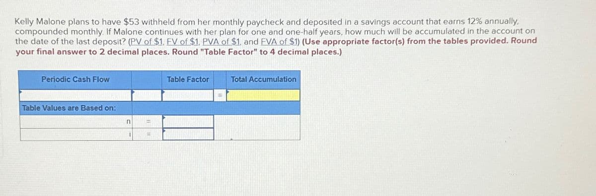 Kelly Malone plans to have $53 withheld from her monthly paycheck and deposited in a savings account that earns 12% annually.
compounded monthly. If Malone continues with her plan for one and one-half years, how much will be accumulated in the account on
the date of the last deposit? (PV of $1. FV of $1. PVA of $1, and EVA of $1) (Use appropriate factor(s) from the tables provided. Round
your final answer to 2 decimal places. Round "Table Factor" to 4 decimal places.)
Periodic Cash Flow
Table Values are Based on:
ח
Table Factor
Total Accumulation