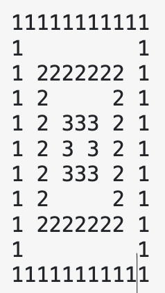 11111111111
1
1
1 2222222 1
1 2
1 2 333 2 1
1 2 332 1
1 2 333 2 1
1 2
1 2222222 1
2 1
2 1
1
11111111111
