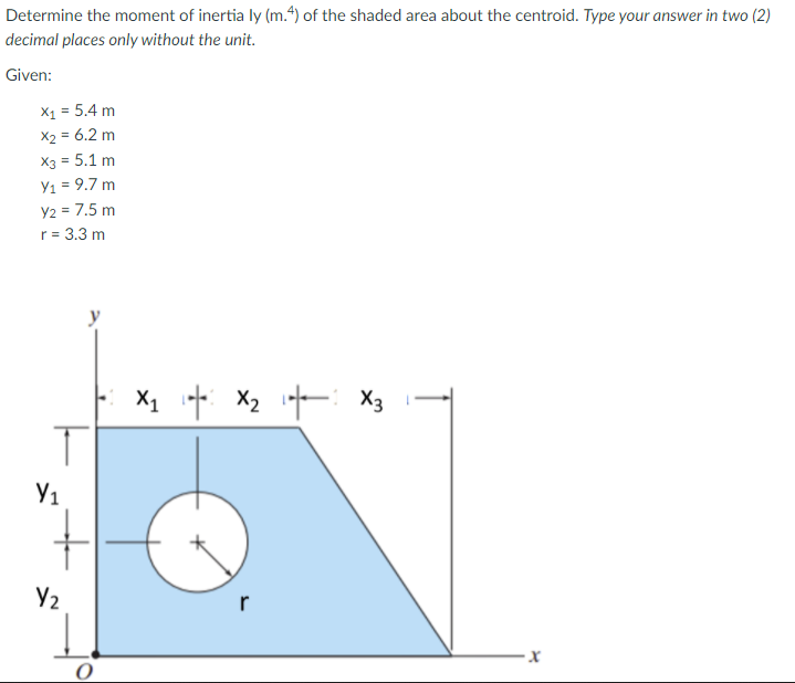 Determine the moment of inertia ly (m.4) of the shaded area about the centroid. Type your answer in two (2)
decimal places only without the unit.
Given:
X1 = 5.4 m
X2 = 6.2 m
X3 = 5.1 m
Y1 = 9.7 m
Y2 = 7.5 m
r = 3.3 m
X1 + X2 + X3
Y1
r
х
