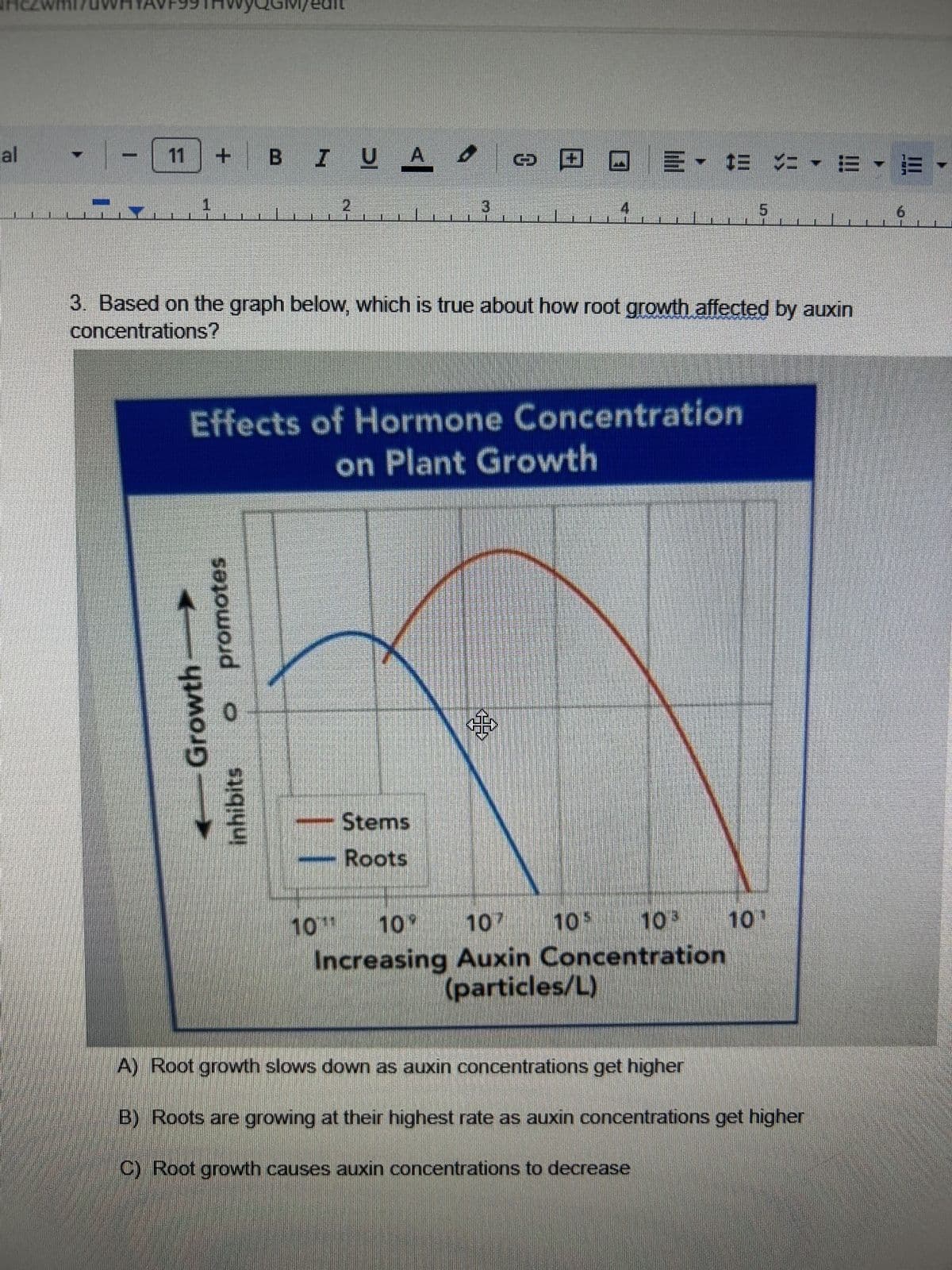ial
- 11
+ BIUA✔ » @ @ =• * *-B-3-
Growth
yQGM/edit
promotes
3. Based on the graph below, which is true about how root growth affected by auxin
concentrations?
O
2
Effects of Hormone Concentration
on Plant Growth
inhibits
3
Stems
Roots
4
38
10¹¹ 10% 107 105 10³ 10¹
Increasing Auxin Concentration
(particles/L)
A) Root growth slows down as auxin concentrations get higher
B) Roots are growing at their highest rate as auxin concentrations get higher
C) Root growth causes auxin concentrations to decrease
