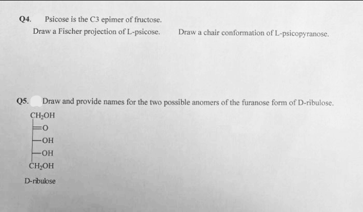 Psicose is the C3 epimer of fructose.
Draw a Fischer projection of L-psicose.
Q4.
Draw a chair conformation of L-psicopyranose.
Q5.
Draw and provide names for the two possible anomers of the furanose form of D-ribulose.
CH,OH
-HO-
-OH
ČHHOH
D-ribulose
