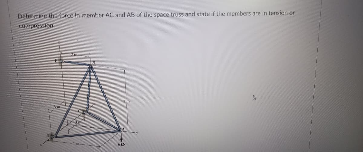 tension or
Determine the force in member AC and AB of the space truss and state if the members are
compression
6 kN
