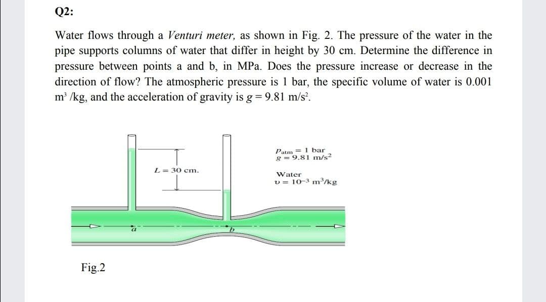 Q2:
Water flows through a Venturi meter, as shown in Fig. 2. The pressure of the water in the
pipe supports columns of water that differ in height by 30 cm. Determine the difference in
pressure between points a and b, in MPa. Does the pressure increase or decrease in the
direction of flow? The atmospheric pressure is 1 bar, the specific volume of water is 0.001
m /kg, and the acceleration of gravity is g = 9.81 m/s.
Patm = 1 bar
g = 9.81 m/s?
L = 30 cm.
Water
v = 10-3 m/kg
Fig.2
