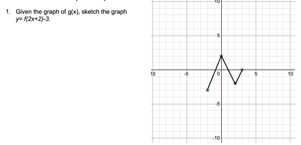 1. Given the graph of g(x), sketch the graph
y=f(2x+2)-3.
10
-5
-5-
A
-5
--10-
5
10