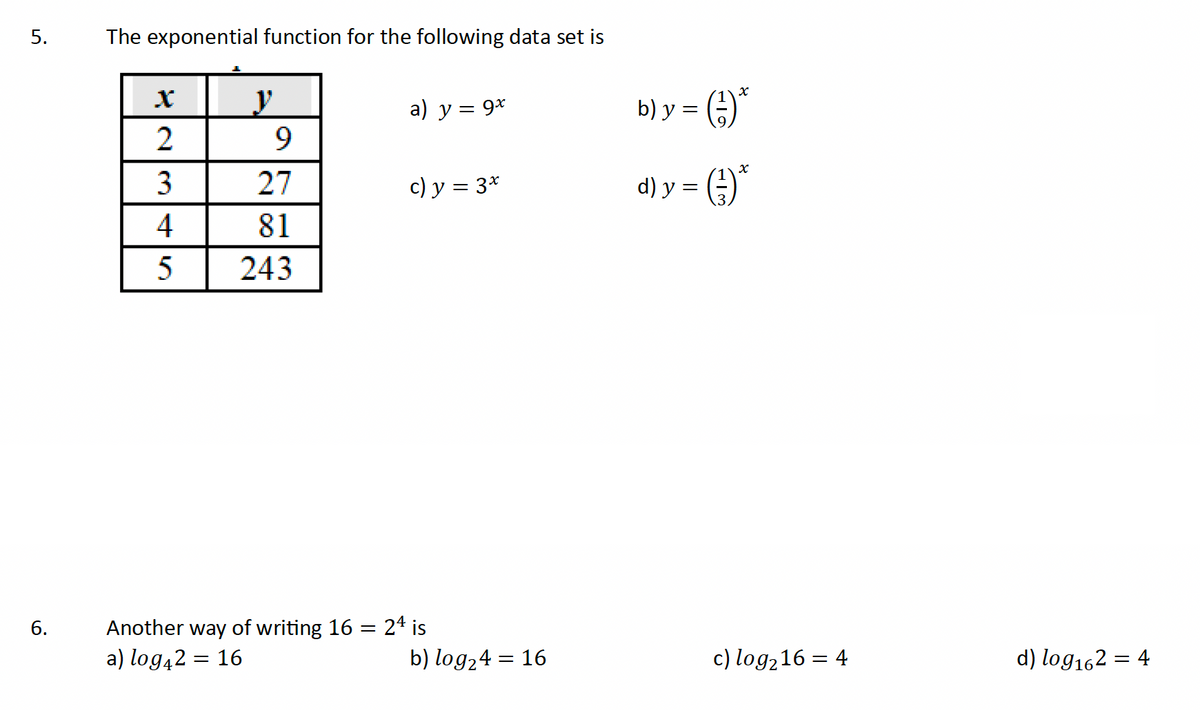 5.
6.
The exponential function for the following data set is
X
2
3
4
5
y
9
27
81
243
a) y = 9x
c) y = 3x
Another way of writing 16 = 24 is
a) log42 = 16
b) log₂4 = 16
b) y = (²) ²
d) y = (²) ²
c) log₂16 = 4
d) log₁62 = 4