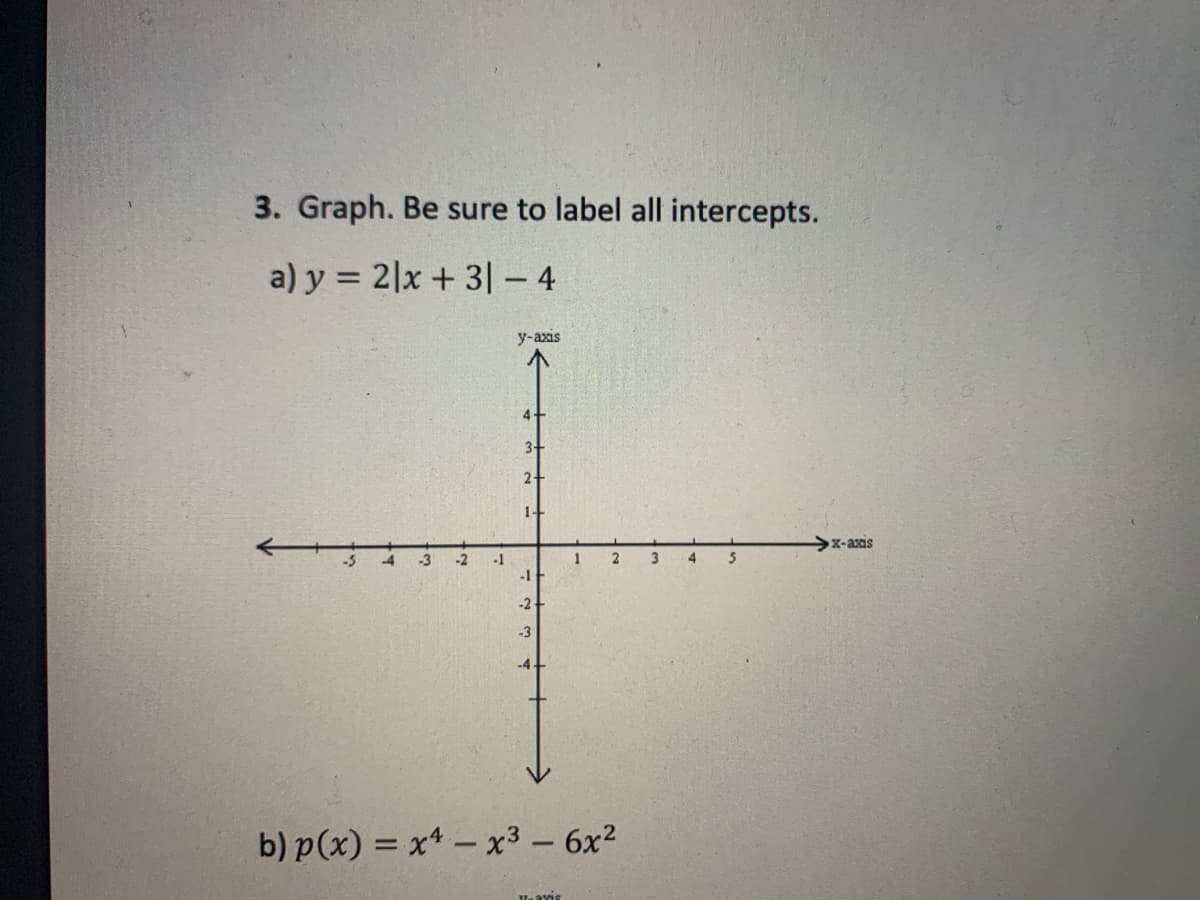 3. Graph. Be sure to label all intercepts.
a) y = 2|x + 3| - 4
y-axis
4+
3+
1-+
X-axas
.3
-2
-1
-1
1
4
-2
-3
-4-
b) p(x) = x* – x3 – 6x2
-
