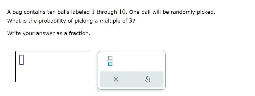 A bag contains ten balls labeled 1 through 10. One ball will be randomly picked.
What is the probability of picking a multiple of 3?
Write your answer as a fraction.
0
号
⑤