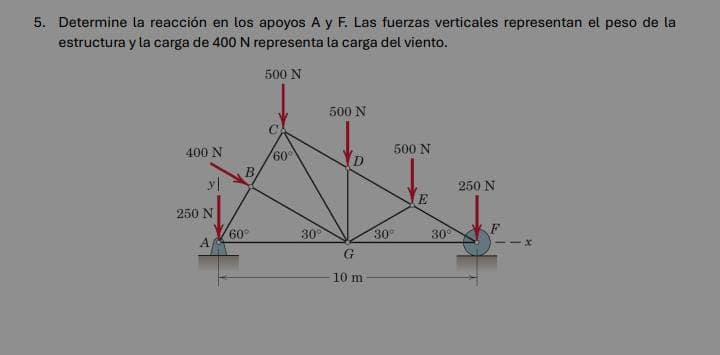 5. Determine la reacción en los apoyos A y F. Las fuerzas verticales representan el peso de la
estructura y la carga de 400 N representa la carga del viento.
500 N
500 N
400 N
60°
B
500 N
الو
250 N
E
250 N
60°
30°
30°
30°
F
A
x
G
10 m