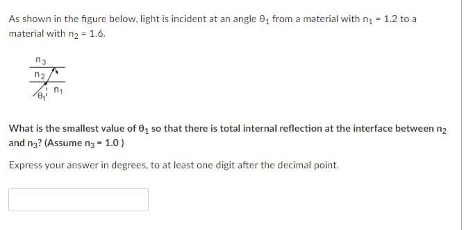 As shown in the figure below, light is incident at an angle 01 from a material with n1 = 1.2 to a
material with n2 = 1.6.
n3
n2
What is the smallest value of 01 so that there is total internal reflection at the interface between n2
and n3? (Assume n3 = 1.0)
Express your answer in degrees, to at least one digit after the decimal point.

