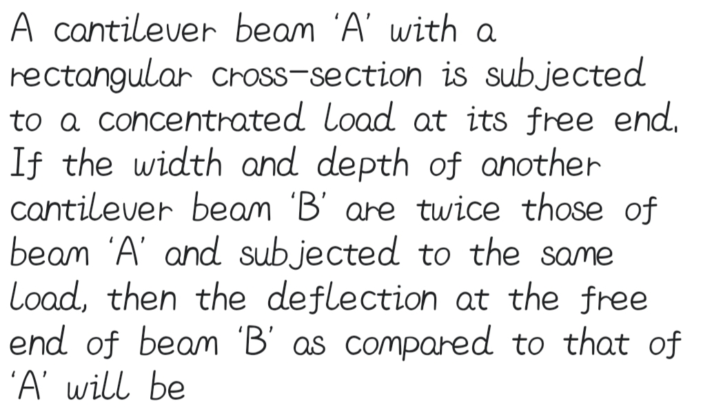 A cantilever beam 'A' with a
rectangular choss-section is subjected
to a concentrated load at its free end.
If the width and depth of another
cantilever beam 'B' are twice those of
beam 'A' and subjected to the same
Load, then the deflection at the free
end of beam 'B' as compared to that of
'A' will be
